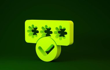 Sarı Parola koruması ve yeşil arka planda izole edilmiş güvenlik erişim simgesi. Güvenlik, güvenlik, koruma, gizlilik kavramı. Minimalizm kavramı. 3d illüstrasyon 3B canlandırma