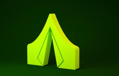 Yeşil arka planda izole edilmiş sarı turist çadırı simgesi. Kamp sembolü. Minimalizm kavramı. 3d illüstrasyon 3B canlandırma