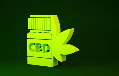 Yeşil arka planda marihuana ya da kenevir yaprağı ikonu bulunan sarı tıbbi şişe. Kavanozlardaki kenevir yağı özlerini taklit et. Minimalizm kavramı. 3d illüstrasyon 3B canlandırma