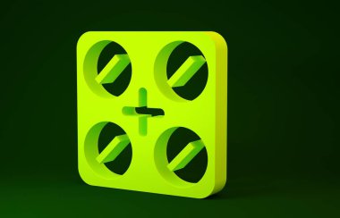 Yeşil arka planda marihuana ya da kenevir yaprağı ikonu bulunan sarı tıbbi haplar. Kavanozlardaki kenevir yağı özlerini taklit et. Minimalizm kavramı. 3d illüstrasyon 3B canlandırma