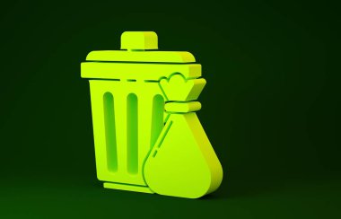 Yeşil arka planda sarı çöp kutusu ve çöp torbası simgesi izole edildi. Çöp kutusu tabelası. Sepet simgesini geri dönüştür. Ofis çöpü ikonu. Minimalizm kavramı. 3d illüstrasyon 3B canlandırma