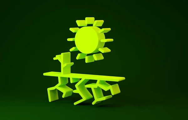 Gelbes Symbol der Dürre isoliert auf grünem Hintergrund. Minimalismus-Konzept. 3D Illustration 3D Renderer — Stockfoto