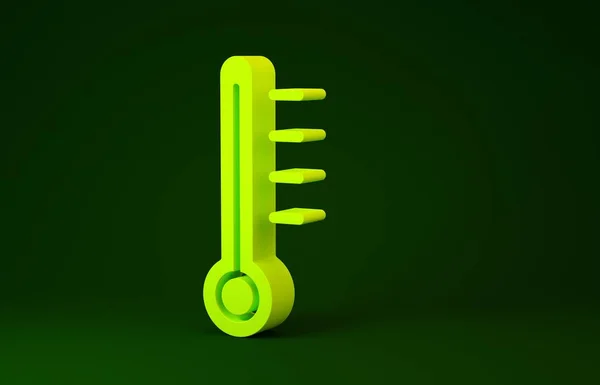 Gelbes Thermometer-Messsymbol auf grünem Hintergrund. Thermometer, die heißes oder kaltes Wetter anzeigen. Minimalismus-Konzept. 3D Illustration 3D Renderer — Stockfoto