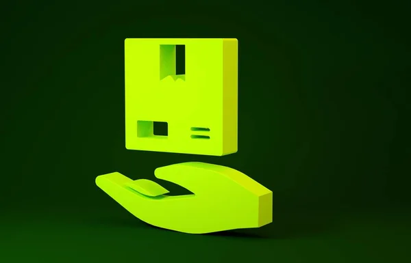 Entrega Amarelo mão com caixas de papelão ícone isolado no fundo verde. Entrega porta a porta por correio. Conceito de minimalismo. 3D ilustração 3D render — Fotografia de Stock