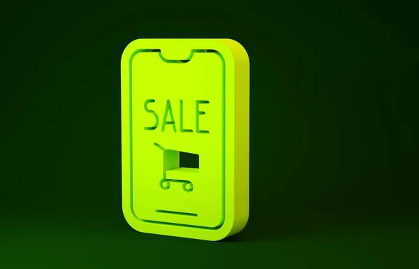 Telefone celular amarelo e ícone do carrinho de compras isolado no fundo verde. Símbolo de compra online. Símbolo da cesta de supermercado. Conceito de minimalismo. 3D ilustração 3D render — Fotografia de Stock