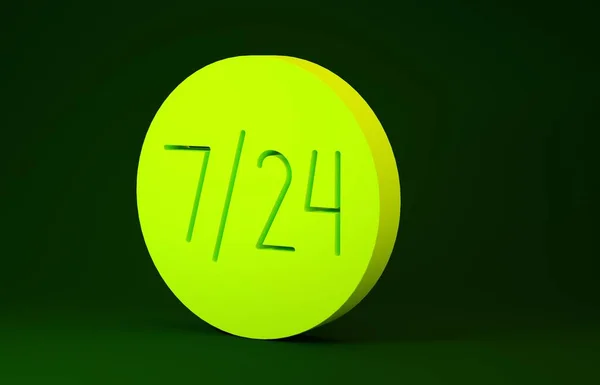 Gelbe Uhr 24 Stunden Symbol isoliert auf grünem Hintergrund. Ganztägig zyklische Ikone. 24 Stunden Service-Symbol. Minimalismus-Konzept. 3D Illustration 3D Renderer — Stockfoto