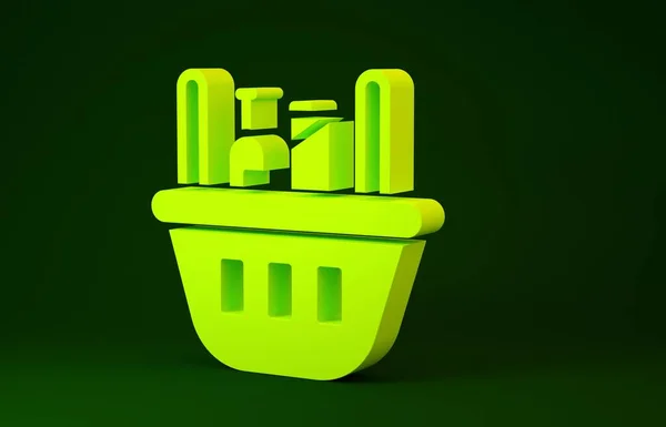 Gelber Warenkorb und Lebensmittelsymbol isoliert auf grünem Hintergrund. Lebensmittelgeschäft, Supermarkt. Minimalismus-Konzept. 3D Illustration 3D Renderer — Stockfoto