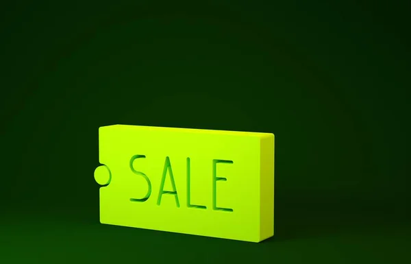 Gul prislapp med en inskription Försäljning ikon isolerad på grön bakgrund. Bricka för pris. Promo tag rabatt. Minimalistiskt koncept. 3D-återgivning för 3D — Stockfoto