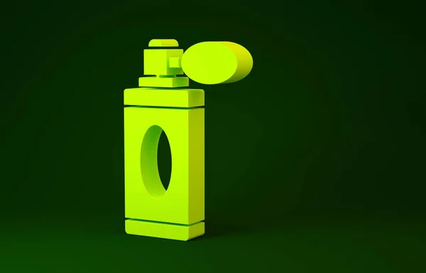 Gelbe Aftershave Flasche mit Zerstäubersymbol isoliert auf grünem Hintergrund. Kölner Sprühbild. Männliche Parfümflasche. Minimalismus-Konzept. 3D Illustration 3D Renderer — Stockfoto