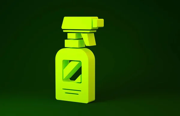 Żółta butelka lakieru pistoletu fryzjerskiego z ikoną wody izolowane na zielonym tle. Koncepcja minimalizmu. Ilustracja 3D 3D renderowania — Zdjęcie stockowe