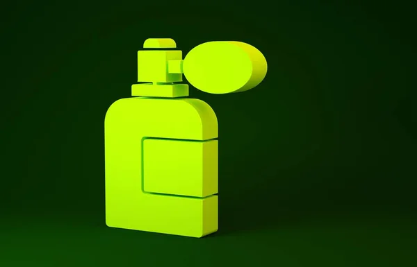 Gele Aftershave fles met verstuiver pictogram geïsoleerd op groene achtergrond. Keulen spray icoon. Mannelijke parfumfles. Minimalisme concept. 3d illustratie 3D renderen — Stockfoto