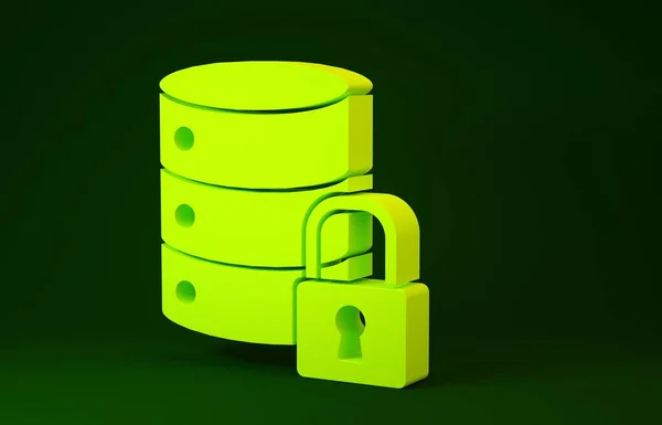 Sicurezza del server giallo con lucchetto chiuso isolato su sfondo verde. Sicurezza, concetto di protezione. Concetto minimalista. Illustrazione 3d rendering 3D — Foto Stock