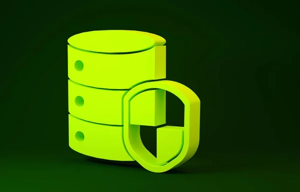 Servidor amarillo con icono de escudo aislado sobre fondo verde. Protección contra ataques. Firewall de red, router, switch, datos. Concepto minimalista. 3D ilustración 3D render —  Fotos de Stock