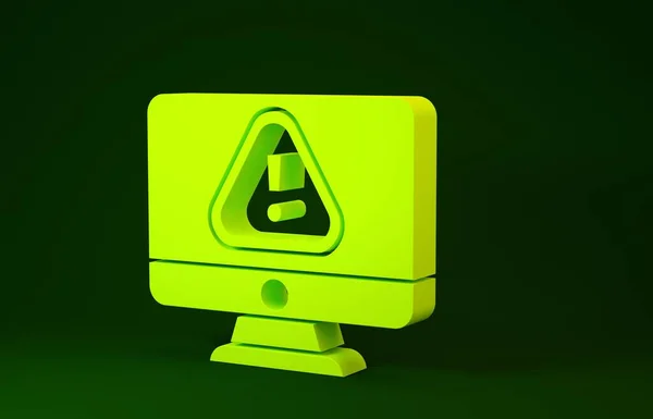 Yellow Computer monitor with exclamation mark icon isolated on green background. Alert message smartphone notification. Minimalism concept. 3d illustration 3D render