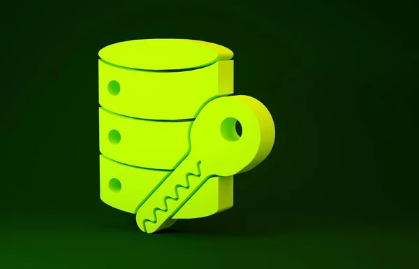 黄色服务器安全性,键图标隔离在绿色背景上.安保、安全、保护概念。最低纲领的概念。3D渲染3D插图 — 图库照片