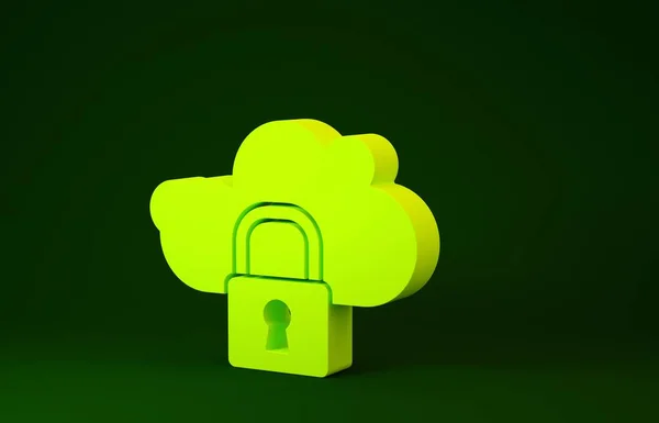 Ícone de bloqueio de computação em nuvem amarela isolado no fundo verde. Segurança, segurança, proteção conceito. Protecção de dados pessoais. Conceito de minimalismo. 3D ilustração 3D render — Fotografia de Stock