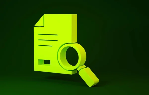 Documento amarillo con icono de búsqueda aislado sobre fondo verde. Icono de archivo y lupa. Signo de investigación analítica. Concepto minimalista. 3D ilustración 3D render —  Fotos de Stock