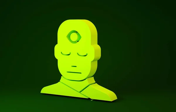 Yellow Man with third eye icon isolated on green background. The concept of meditation, vision of energy, aura. Minimalism concept. 3d illustration 3D render
