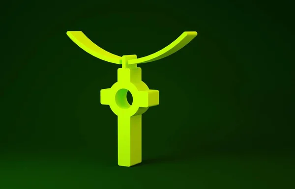 Cruz cristiana amarilla en el icono de la cadena aislada sobre fondo verde. Cruz de iglesia. Concepto minimalista. 3D ilustración 3D render —  Fotos de Stock