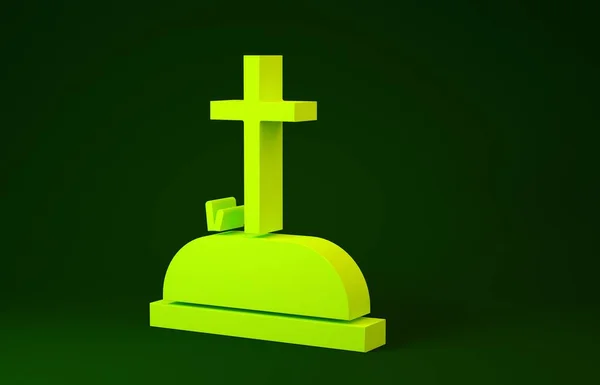 노란 톰스 톤과 크로스 아이콘이 녹색 배경에 분리되어 있습니다. 무덤의 아이콘. 미니멀리즘의 개념입니다. 3d 삽화 3D 렌더링 — 스톡 사진