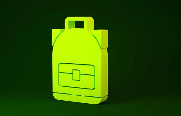 Yellow Hiking backpack icon isolated on green background. Camping and mountain exploring backpack. Minimalism concept. 3d illustration 3D render — Stock Photo, Image