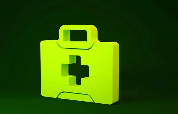 Icono amarillo del botiquín de primeros auxilios aislado sobre fondo verde. Caja médica con cruz. Equipo médico para emergencias. Concepto de salud. Concepto minimalista. 3D ilustración 3D render —  Fotos de Stock