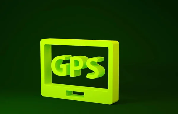 Желтое устройство Gps с выделенным значком карты на зеленом фоне. Концепция минимализма. 3D-рендеринг — стоковое фото