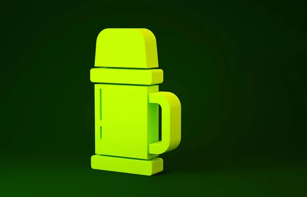 Gele thermoscontainer pictogram geïsoleerd op groene achtergrond. Thermo kolf icoon. Kampeer- en wandeluitrusting. Minimalisme concept. 3d illustratie 3D renderen — Stockfoto