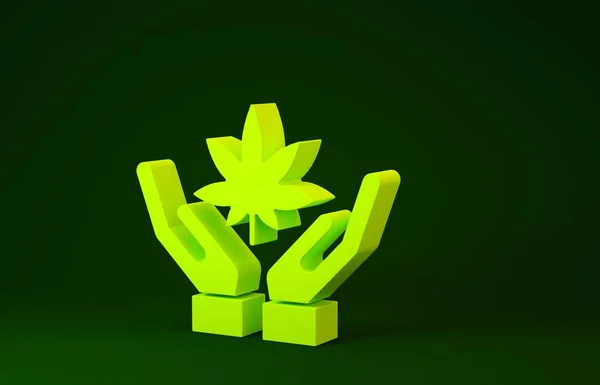 Geel Medicinale marihuana of cannabis blad icoon geïsoleerd op groene achtergrond. Hennep symbool. Minimalisme concept. 3d illustratie 3D renderen — Stockfoto