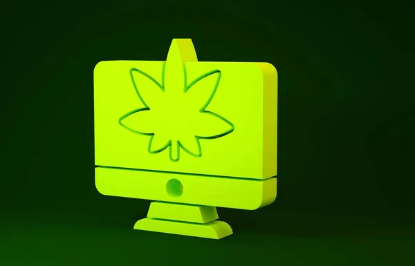 Gele computer monitor en medicinale marihuana of cannabis blad icoon geïsoleerd op groene achtergrond. Online kopen. Supermarktmandje. Minimalisme concept. 3d illustratie 3D renderen — Stockfoto