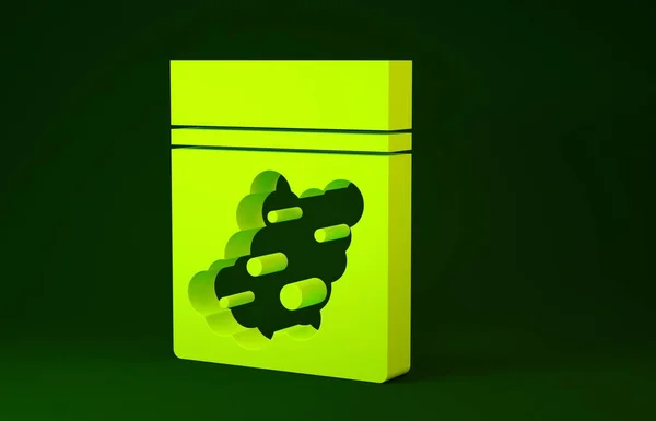 Yeşil arka planda izole edilmiş sarı plastik poşet dolusu tıbbi kenevir ikonu. Sağlık tehlikesi. Minimalizm kavramı. 3d illüstrasyon 3B canlandırma — Stok fotoğraf