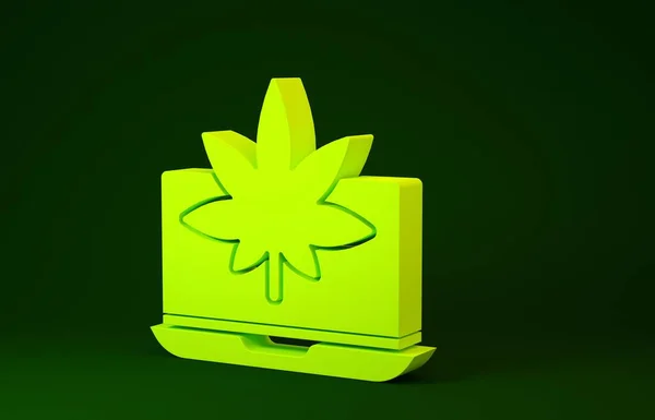 緑の背景に隔離された黄色のラップトップと医療用マリファナや大麻の葉のアイコン。オンライン購入記号。スーパーマーケットバスケット。最小限の概念。3Dイラスト3Dレンダリング — ストック写真