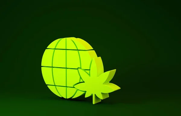 Giallo Legalizzare marijuana o icona simbolo globo di cannabis isolato su sfondo verde. Simbolo di canapa. Concetto minimalista. Illustrazione 3d rendering 3D — Foto Stock