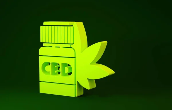 Gelbe medizinische Flasche mit Marihuana oder Cannabisblatt-Symbol auf grünem Hintergrund. Attrappe von Cannabisöl-Extrakten in Gläsern. Minimalismus-Konzept. 3D Illustration 3D Renderer — Stockfoto