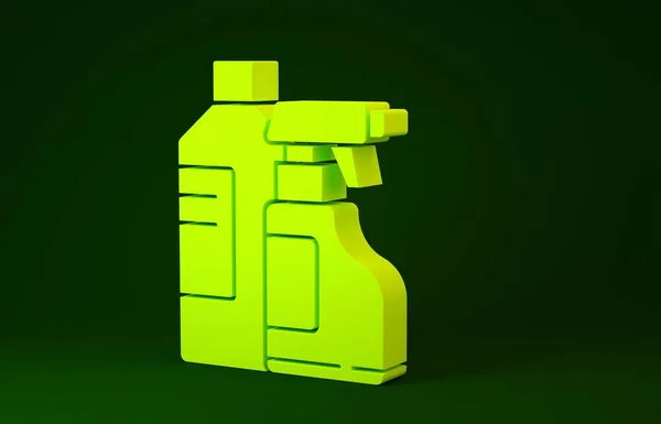 Botellas de plástico amarillo para detergente de lavandería, lejía, líquido para lavar platos u otro icono de agente de limpieza aislado sobre fondo verde. Concepto minimalista. 3D ilustración 3D render — Foto de Stock