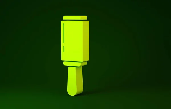 Rodillo adhesivo amarillo para limpiar la ropa icono aislado sobre fondo verde. Deshacerse de los escombros, polvo, pelo, pelusa, lana de mascota. Concepto minimalista. 3D ilustración 3D render — Foto de Stock