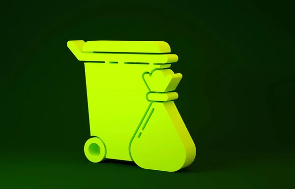 Lata de lixo amarelo e ícone saco de lixo isolado no fundo verde. Sinal de lixeira. Ícone da cesta de reciclagem. Ícone de lixo do escritório. Conceito de minimalismo. 3D ilustração 3D render — Fotografia de Stock