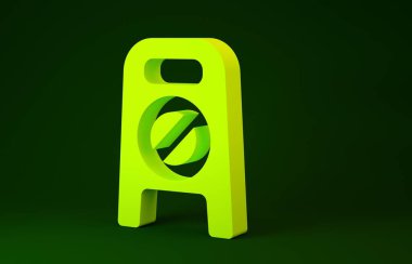 Sarı ıslak zemin ve temizlik ikonu yeşil arka planda izole edildi. Temizlik hizmeti konsepti. Minimalizm kavramı. 3d illüstrasyon 3B canlandırma