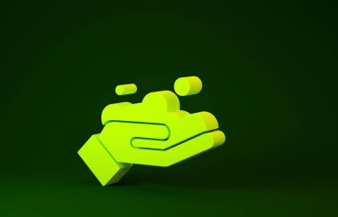 Yeşil arka planda sabun ikonu olan sarı yıkama elleri. Virüs ve bakterileri önlemek için ellerini sabunla yıkıyorsun. Minimalizm kavramı. 3d illüstrasyon 3B canlandırma
