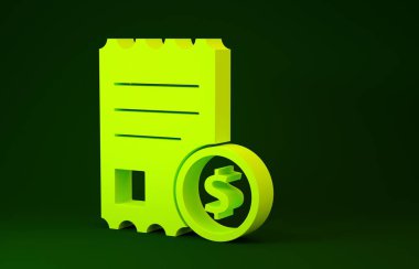 Yeşil arka planda sarı kağıt kontrolü ve mali kontrol simgesi izole edildi. Kağıt baskı çeki, makbuz ya da fatura. Minimalizm kavramı. 3d illüstrasyon 3B canlandırma