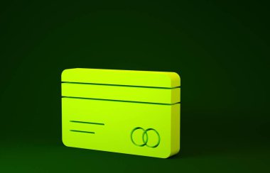 Yeşil arkaplanda sarı kredi kartı simgesi izole edildi. Çevrimiçi ödeme. Nakit çekilmesi. Finansal operasyonlar. Alışveriş tabelası. Minimalizm kavramı. 3d illüstrasyon 3B canlandırma