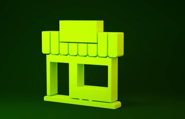 Sarı Alışveriş binası ya da market simgesi yeşil arka planda izole edilmiş. Dükkan inşaatı. Minimalizm kavramı. 3d illüstrasyon 3B canlandırma