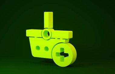 Yeşil arkaplanda izole edilmiş alışveriş sepeti simgesine sarı Ekle. İnternetten satın alma konsepti. Teslimat servisi. Süpermarket sepeti sembolü. Minimalizm kavramı. 3d illüstrasyon 3B canlandırma