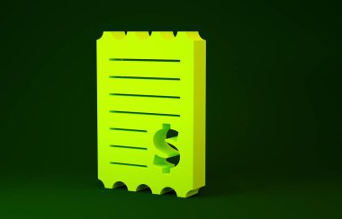Yeşil arka planda sarı kağıt kontrolü ve mali kontrol simgesi izole edildi. Kağıt baskı çeki, makbuz ya da fatura. Minimalizm kavramı. 3d illüstrasyon 3B canlandırma
