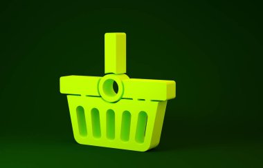 Yeşil arka planda izole edilmiş sarı alışveriş sepeti simgesi. İnternetten satın alma konsepti. Servis tabelası. Alışveriş arabası sembolü. Minimalizm kavramı. 3d illüstrasyon 3B canlandırma