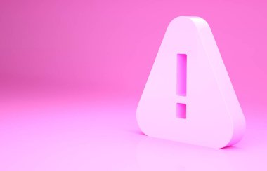 Pembe arka planda izole edilmiş üçgen ikonunda pembe ünlem işareti. Tehlike uyarısı, dikkat, dikkat, tehlike uyarısı. Minimalizm kavramı. 3d illüstrasyon 3B canlandırma