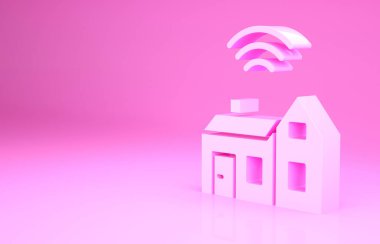 Pink Smart evi. Pembe arka planda kablosuz ikon var. Uzaktan kumanda. İnternet kavramının kablosuz bağlantısı. Minimalizm kavramı. 3d illüstrasyon 3B canlandırma