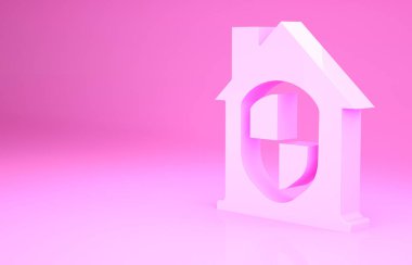 Pembe Ev, pembe arka planda izole edilmiş koruma ikonu altında. Ev ve kalkan. Koruma, güvenlik, güvenlik, koruma, savunma konsepti. Minimalizm kavramı. 3d illüstrasyon 3B canlandırma