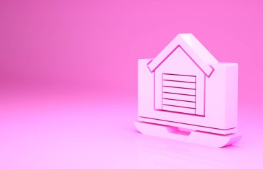 Dizüstü bilgisayardaki Pink Online emlak evi pembe arka planda izole edilmiş. Ev kredisi konsepti, kira, satın alma, mülk alma. Minimalizm kavramı. 3d illüstrasyon 3B canlandırma