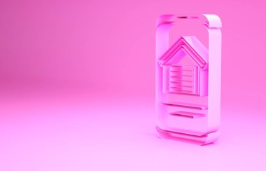 Akıllı telefon ikonundaki Pink Online emlak evi pembe arka planda izole edilmiş. Ev kredisi konsepti, kira, satın alma, mülk alma. Minimalizm kavramı. 3d illüstrasyon 3B canlandırma